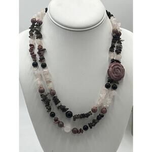Lee Sands Multi-Gemstone Rhodonite Rose Ouartz Carved Flower Two Strand Necklace